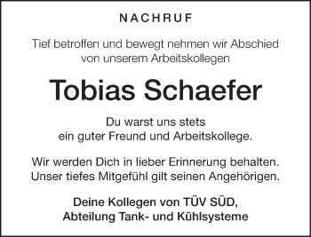 Todesanzeige von Tobias Schaefer von merkurtz