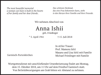 Todesanzeige von Anna Ishii von merkurtz