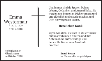 Todesanzeige von Emma Westermair von merkurtz