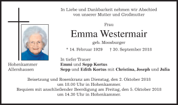 Todesanzeige von Emma Westermair von merkurtz