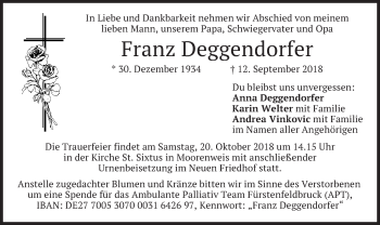 Todesanzeige von Franz Deggendorfer von merkurtz
