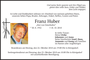 Todesanzeige von Franz Huber von merkurtz