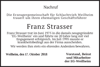 Todesanzeige von Franz Strasser von merkurtz