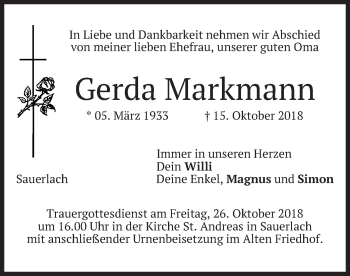 Todesanzeige von Gerda Markmann von merkurtz