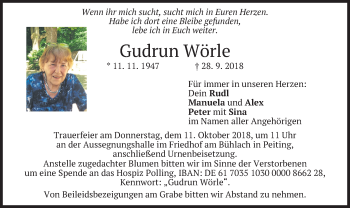 Todesanzeige von Gudrun Wörle von merkurtz