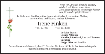Todesanzeige von Irene Finken von merkurtz