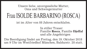 Todesanzeige von Isolde Barbarino von merkurtz