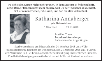Todesanzeige von Katharina Annaberger von merkurtz