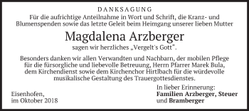 Todesanzeige von Magdalena Arzberger von merkurtz