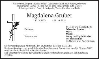Todesanzeige von Magdalena Gruber von merkurtz