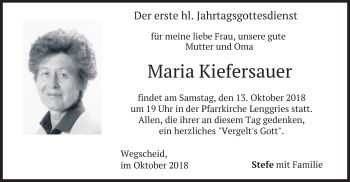 Todesanzeige von Maria Kiefersauer von merkurtz