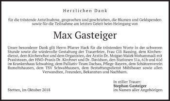 Todesanzeige von Max Gasteiger von merkurtz