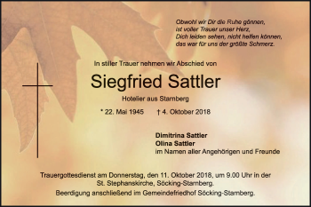 Todesanzeige von Siegfried Sattler von merkurtz