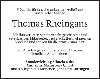 Todesanzeige von Thomas Rheingans von merkurtz