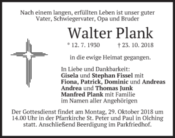 Todesanzeige von Walter Plank von merkurtz