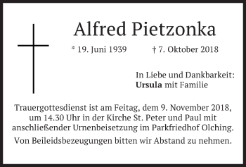 Todesanzeige von Alfred Pietzonka von merkurtz