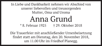 Todesanzeige von Anna Grund von merkurtz