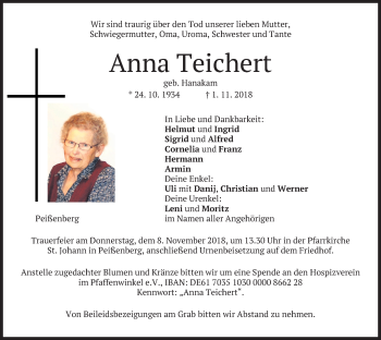 Todesanzeige von Anna Teichert von merkurtz