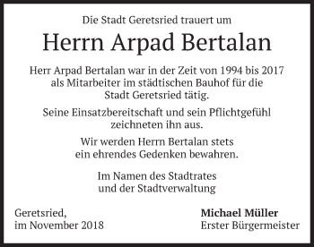 Todesanzeige von Arpad Bertalan von merkurtz