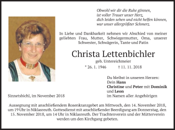 Todesanzeige von Christa Lettenbichler von merkurtz