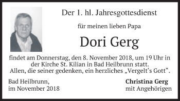 Todesanzeige von Dori Gerg von merkurtz