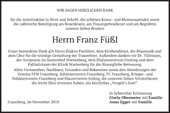 Todesanzeige von Franz Füßl von merkurtz