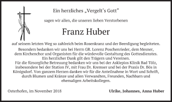 Todesanzeige von Franz Huber von merkurtz
