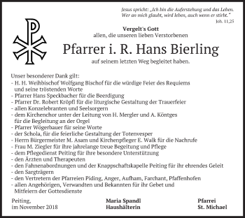 Todesanzeige von Hans Bierling von merkurtz