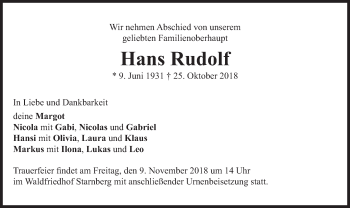 Todesanzeige von Hans Rudolf von merkurtz