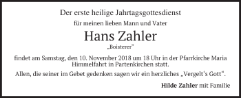 Todesanzeige von Hans Zahler von merkurtz