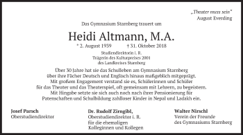 Todesanzeige von Heidi Altmann von merkurtz