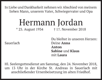 Todesanzeige von Hermann Jordan von merkurtz