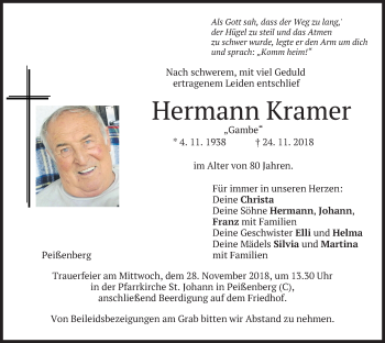 Todesanzeige von Hermann Kramer von merkurtz