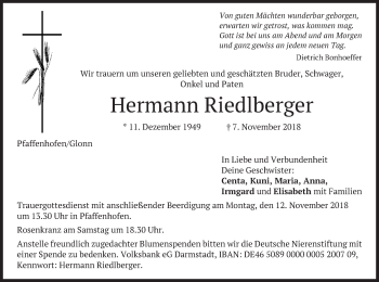 Todesanzeige von Hermann Riedlberger von merkurtz