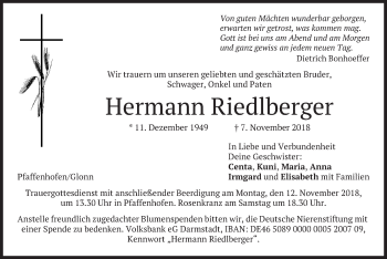 Todesanzeige von Hermann Riedlberger von merkurtz