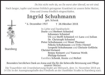 Todesanzeige von Ingrid Schuhmann von merkurtz