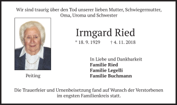 Todesanzeige von Irmgard Ried von merkurtz