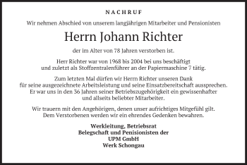 Todesanzeige von Johann Richter von merkurtz