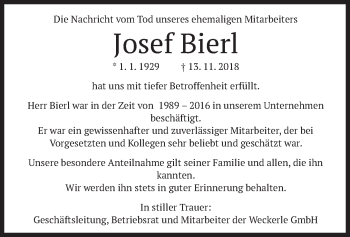 Todesanzeige von Josef Bierl von merkurtz