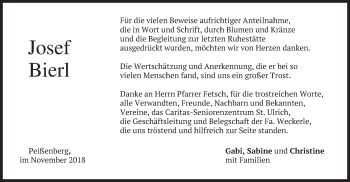 Todesanzeige von Josef Bierl von merkurtz