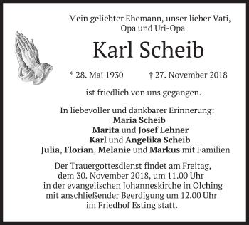 Todesanzeige von Karl Scheib von merkurtz