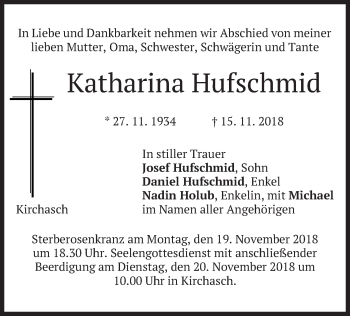 Todesanzeige von Katharina Hufschmid von merkurtz