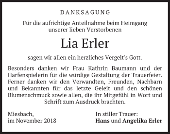 Todesanzeige von Lia Erler von merkurtz