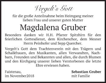 Todesanzeige von Magdalena Gruber von merkurtz