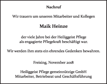 Todesanzeige von Maik Heinze von merkurtz