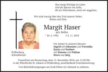 Todesanzeige von Margit Haser von merkurtz