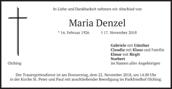 Todesanzeige von Maria Denzel von merkurtz