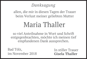 Todesanzeige von Maria Thaller von merkurtz