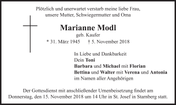 Todesanzeige von Marianne Modl von merkurtz