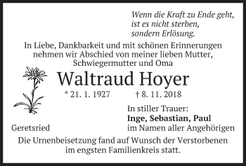 Todesanzeige von Waltraud Hoyer von merkurtz